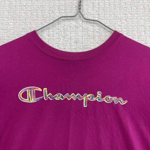 Champion T-shirt Women Sz M Fushia w/ Trippy Multicolor Script Logo Spell Out - Picture 2 of 8